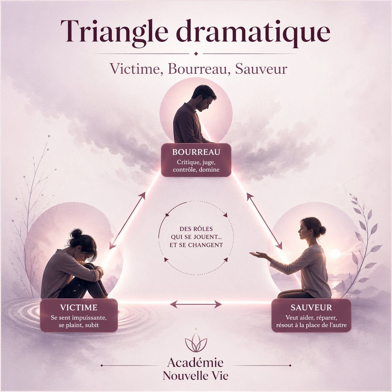 Triangle dramatique, victime, bourreau, sauveur : comment reconnaître le triangle de Karpman sans réduire les relations à des étiquettes triangle dramatique triangle de karpman illustration Académie Nouvelle Vie